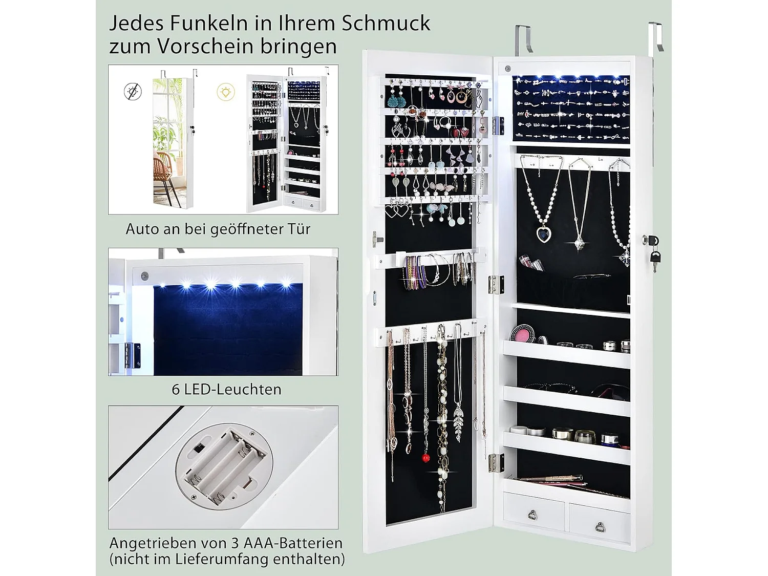 Spiegelende sieradenkast met 6 ledlampen & 2 laden, sieradenhangkast afsluitbaar, silevelkast, wand-/deurmontage (wit)TI89458