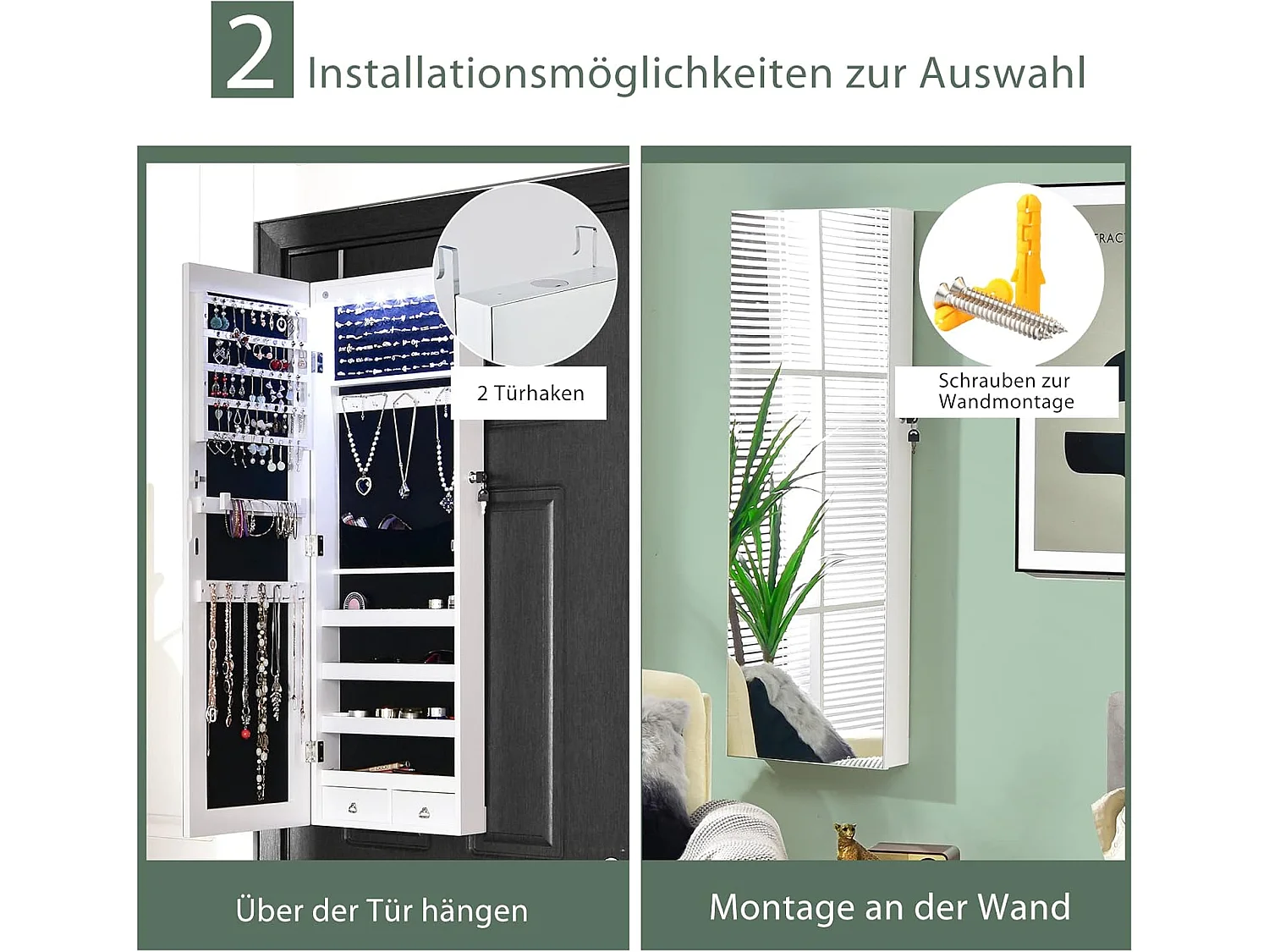 Spiegelende sieradenkast met 6 ledlampen & 2 laden, sieradenhangkast afsluitbaar, silevelkast, wand-/deurmontage (wit)TI89458