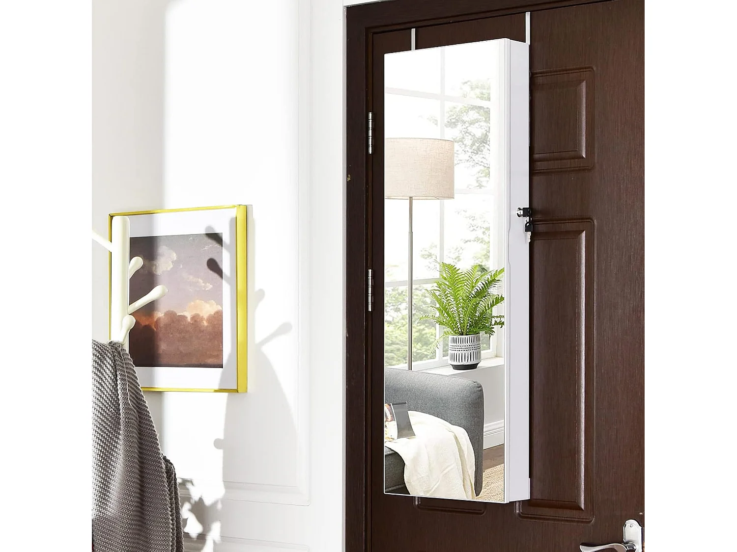 Spiegelende sieradenkast met 6 ledlampen & 2 laden, sieradenhangkast afsluitbaar, silevelkast, wand-/deurmontage (wit)TI89458