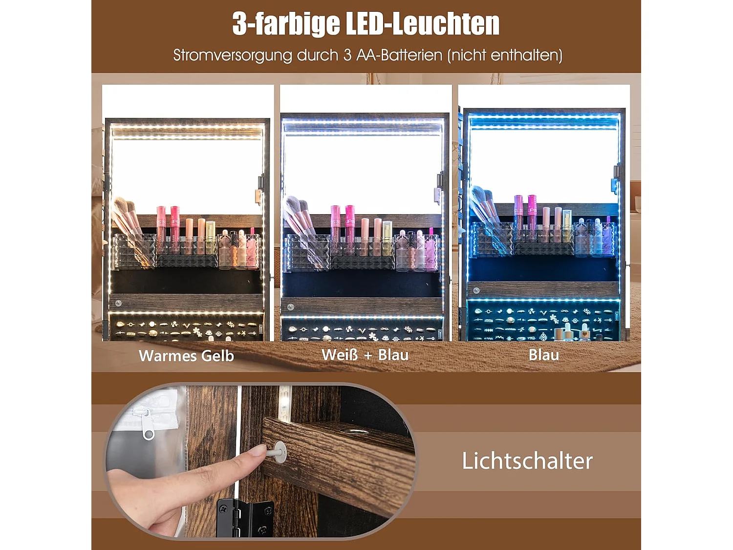 Sieradenkast met 3 spiegels, verstelbare sieradenspiegel met lade, wielen en lampen, spiegelkast,voor kettingen,make-up, 42 x 35 x 159 cm (rustiek bruin)VH33455