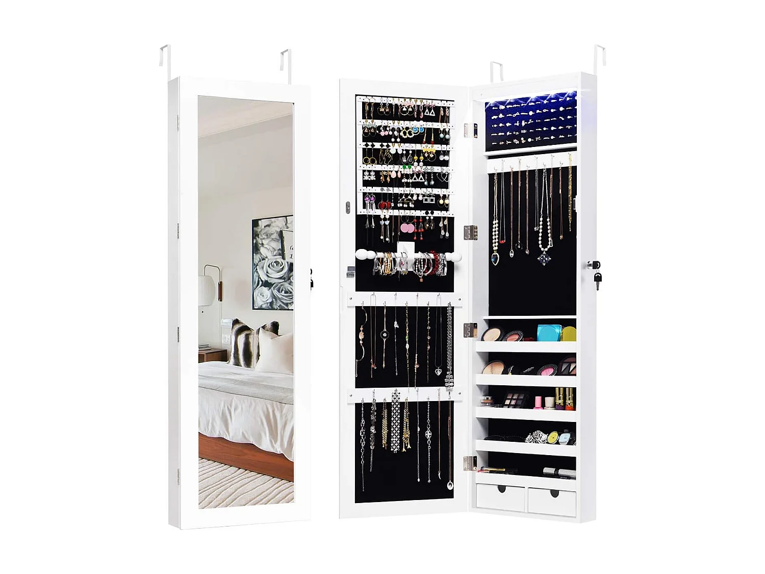 Afsluitbare LED lichtstrip sieraden kast, sieraden Armoire, make-up sieraden organisator,grote opslagcapaciteit sieraden doos met 2 lades, 1 armband BarVH32994