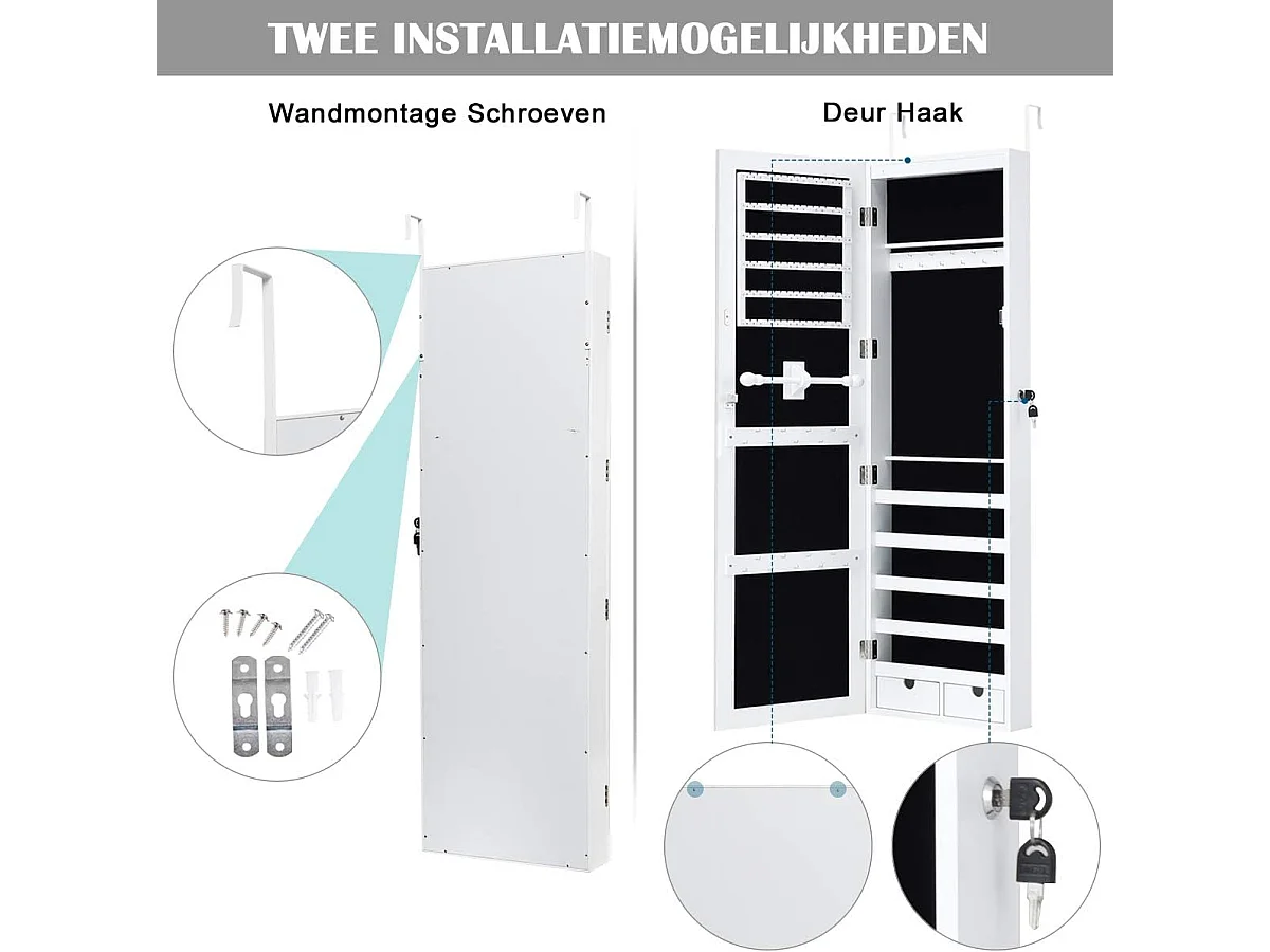 Afsluitbare LED lichtstrip sieraden kast, sieraden Armoire, make-up sieraden organisator,grote opslagcapaciteit sieraden doos met 2 lades, 1 armband BarVH32994