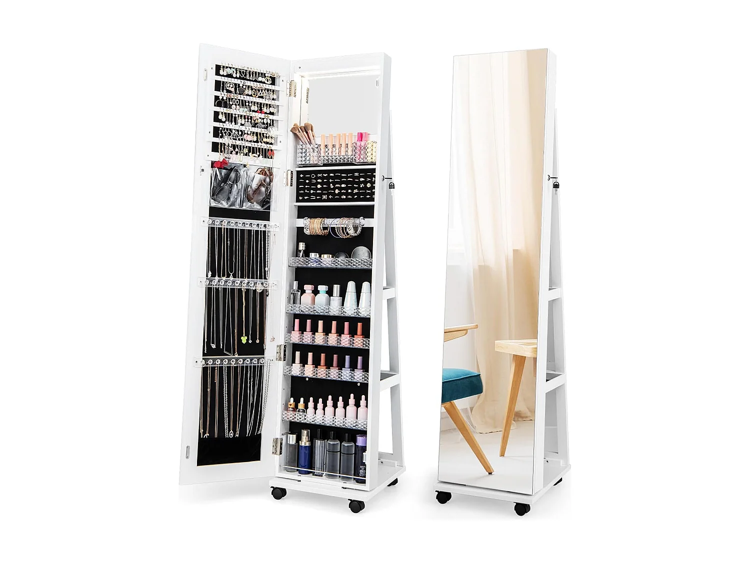 Sieradenkast met wielen, afsluitbare spiegelkast met LED-verlichting, staand juwelenkast met spiegel over de hele lengte voor kettingen(wit)VH33467