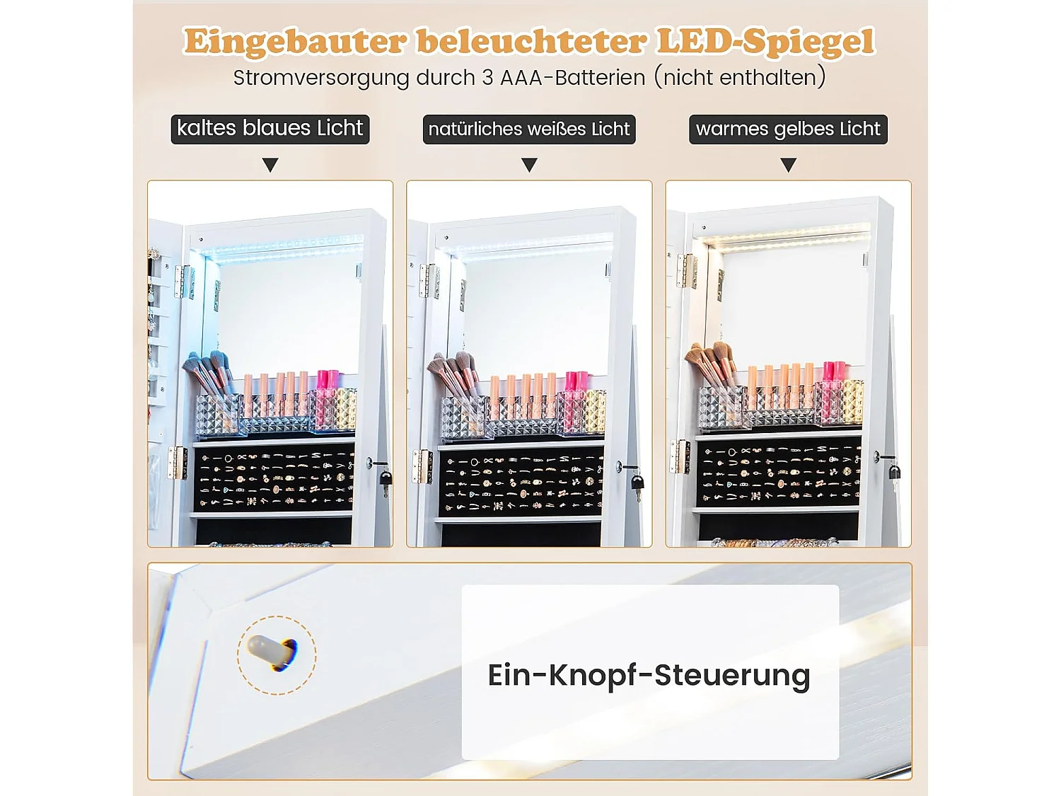 Sieradenkast met wielen, afsluitbare spiegelkast met LED-verlichting, staand juwelenkast met spiegel over de hele lengte voor kettingen(wit)VH33467