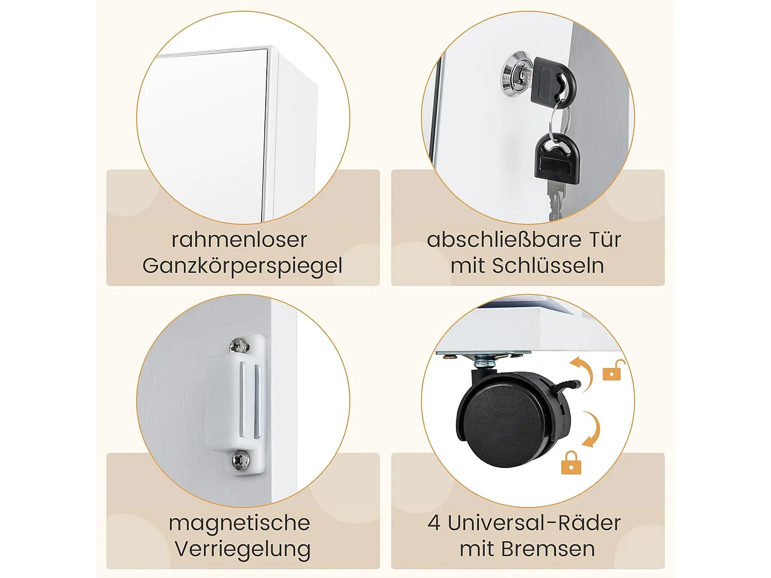 Sieradenkast met wielen, afsluitbare spiegelkast met LED-verlichting, staand juwelenkast met spiegel over de hele lengte voor kettingen(wit)VH33467