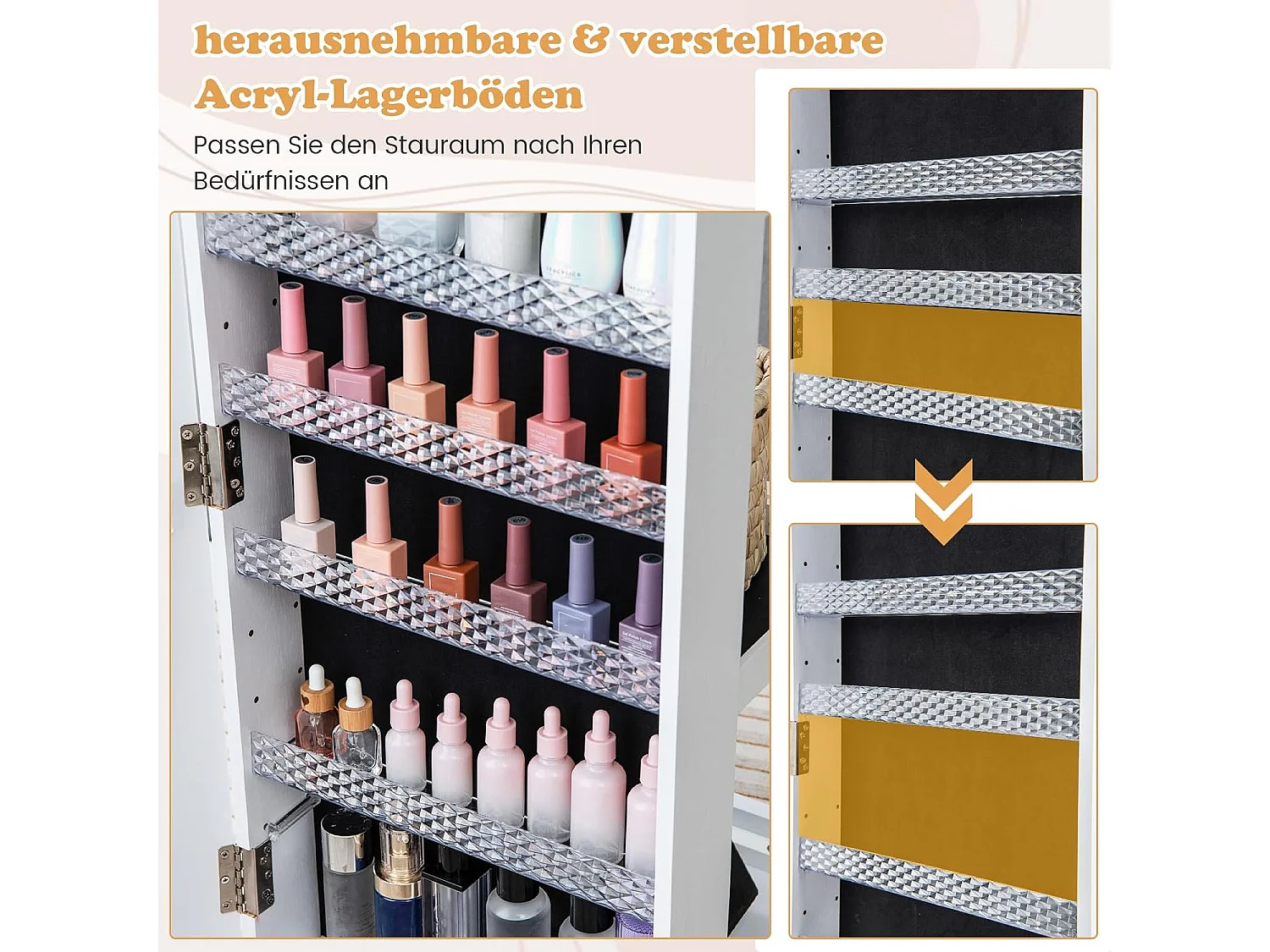 Sieradenkast met wielen, afsluitbare spiegelkast met LED-verlichting, staand juwelenkast met spiegel over de hele lengte voor kettingen(wit)VH33467