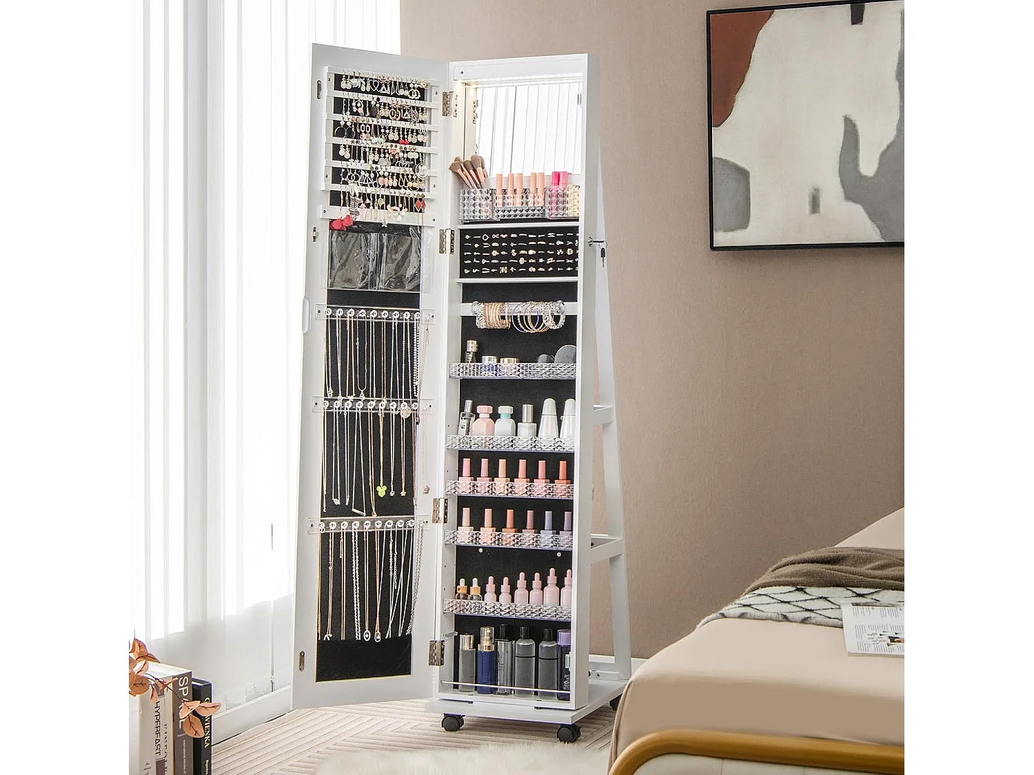 Sieradenkast met wielen, afsluitbare spiegelkast met LED-verlichting, staand juwelenkast met spiegel over de hele lengte voor kettingen(wit)VH33467