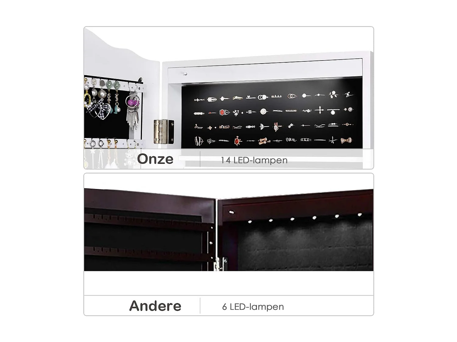 Sieradenkast, sieraden organisator met spiegeldeur over de volle lengte, afsluitbare vrijstaande sieradenkast met 14 LED-lampen, grote opbergruimte (Wit)VH32993