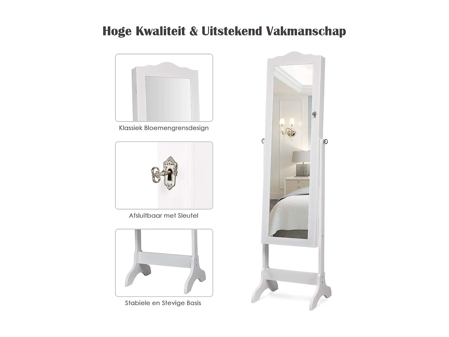 Sieradenkast, sieraden organisator met spiegeldeur over de volle lengte, afsluitbare vrijstaande sieradenkast met 14 LED-lampen, grote opbergruimte (Wit)VH32993