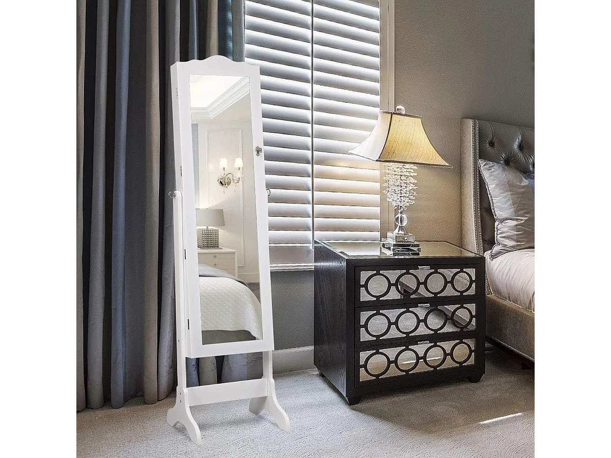 Sieradenkast, sieraden organisator met spiegeldeur over de volle lengte, afsluitbare vrijstaande sieradenkast met 14 LED-lampen, grote opbergruimte (Wit)VH32993