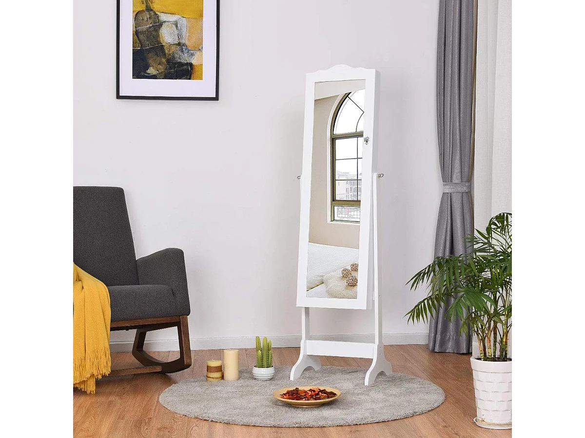 Sieradenkast, sieraden organisator met spiegeldeur over de volle lengte, afsluitbare vrijstaande sieradenkast met 14 LED-lampen, grote opbergruimte (Wit)VH32993