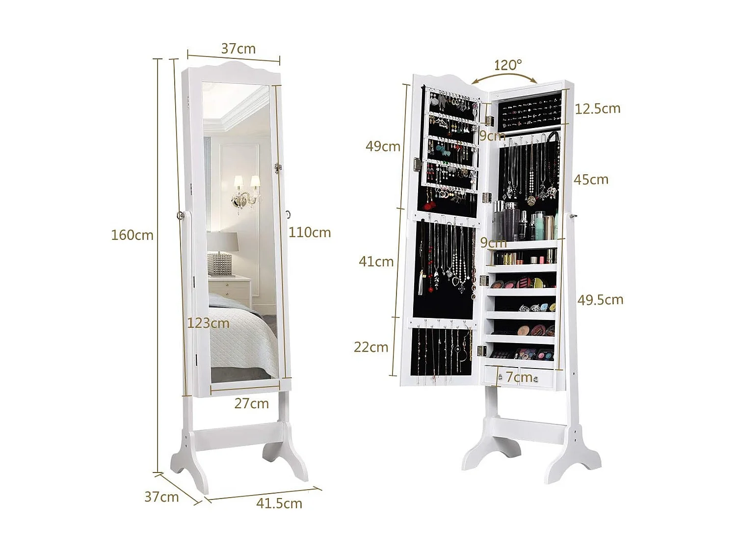 Sieradenkast, sieraden organisator met spiegeldeur over de volle lengte, afsluitbare vrijstaande sieradenkast met 14 LED-lampen, grote opbergruimte (Wit)VH32993