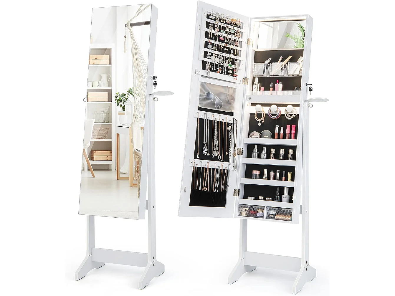 Staande sieradenkast, staande spiegel met 3-kleurige ledlampen, afsluitbare sieradenopslag met sieradenrek, legplankenVH33247