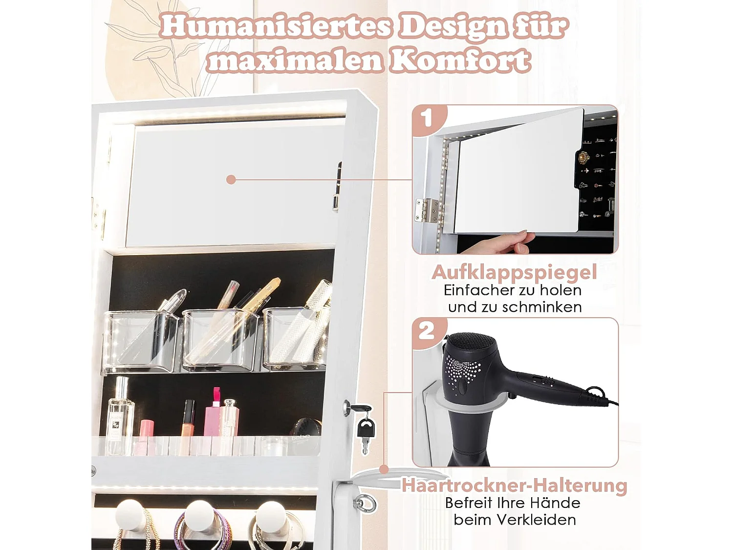 Staande sieradenkast, staande spiegel met 3-kleurige ledlampen, afsluitbare sieradenopslag met sieradenrek, legplankenVH33247