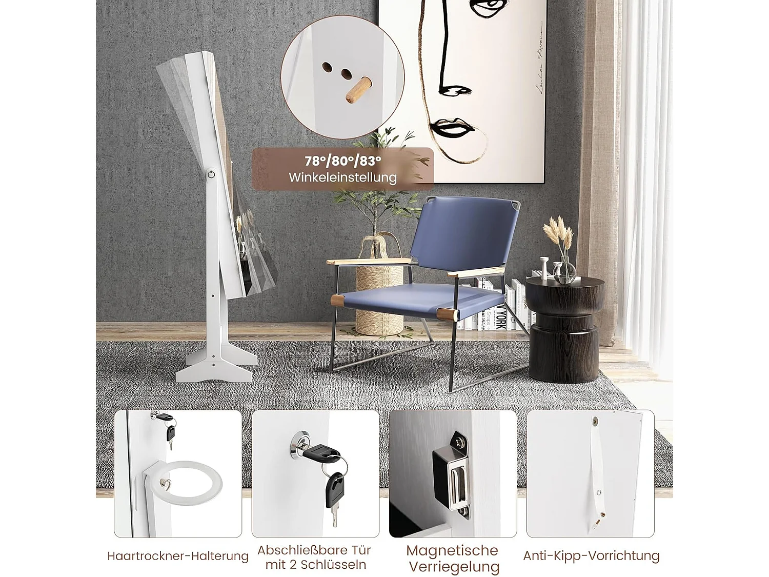 Staande sieradenkast, staande spiegel met 3-kleurige ledlampen, afsluitbare sieradenopslag met sieradenrek, legplankenVH33247