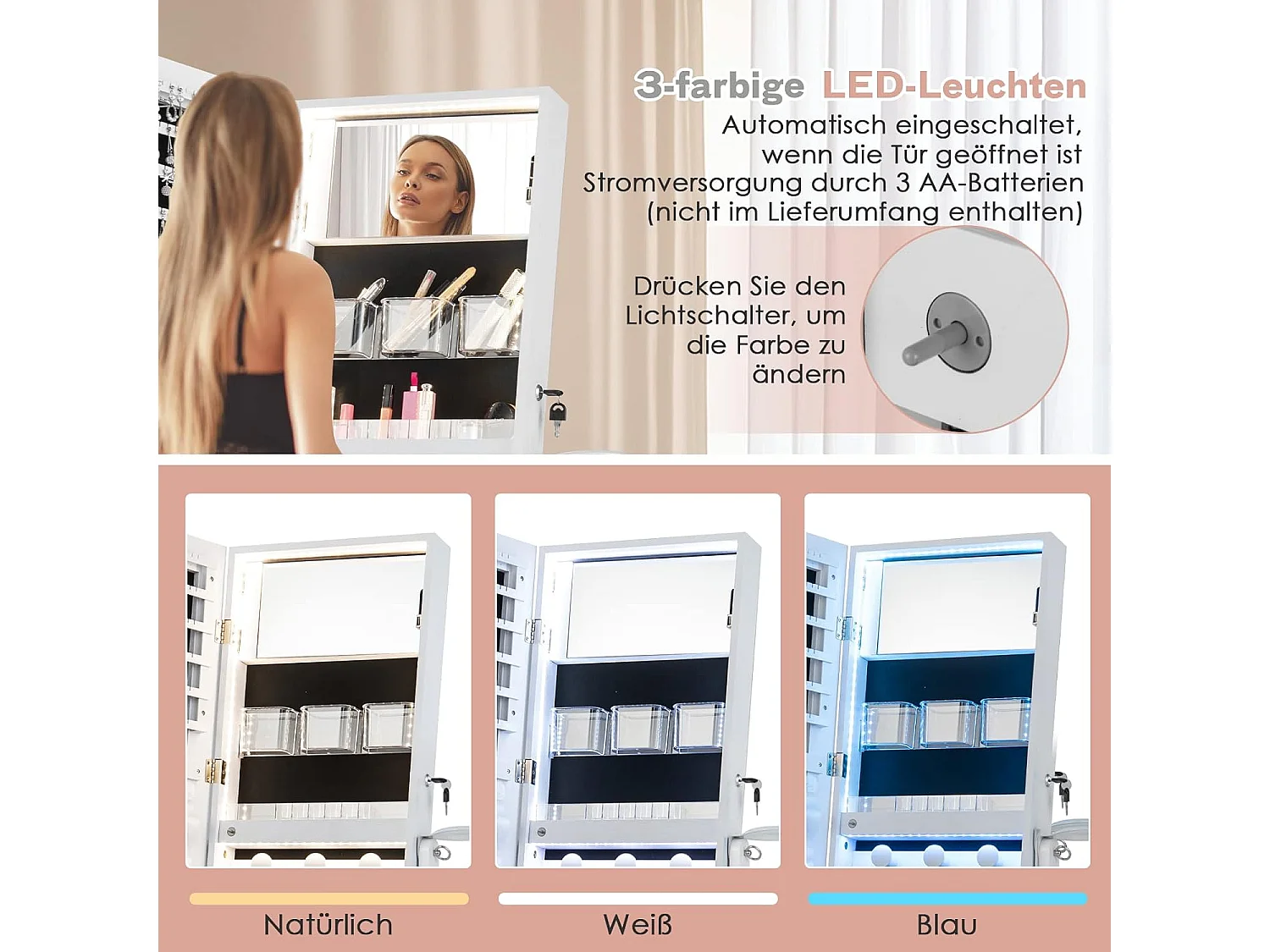 Staande sieradenkast, staande spiegel met 3-kleurige ledlampen, afsluitbare sieradenopslag met sieradenrek, legplankenVH33247