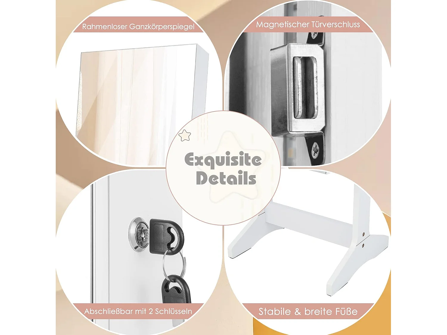 Staande sieradenkast, staande spiegel met 3-kleurige ledlampen, afsluitbare sieradenopslag met sieradenrek, legplankenVH33247