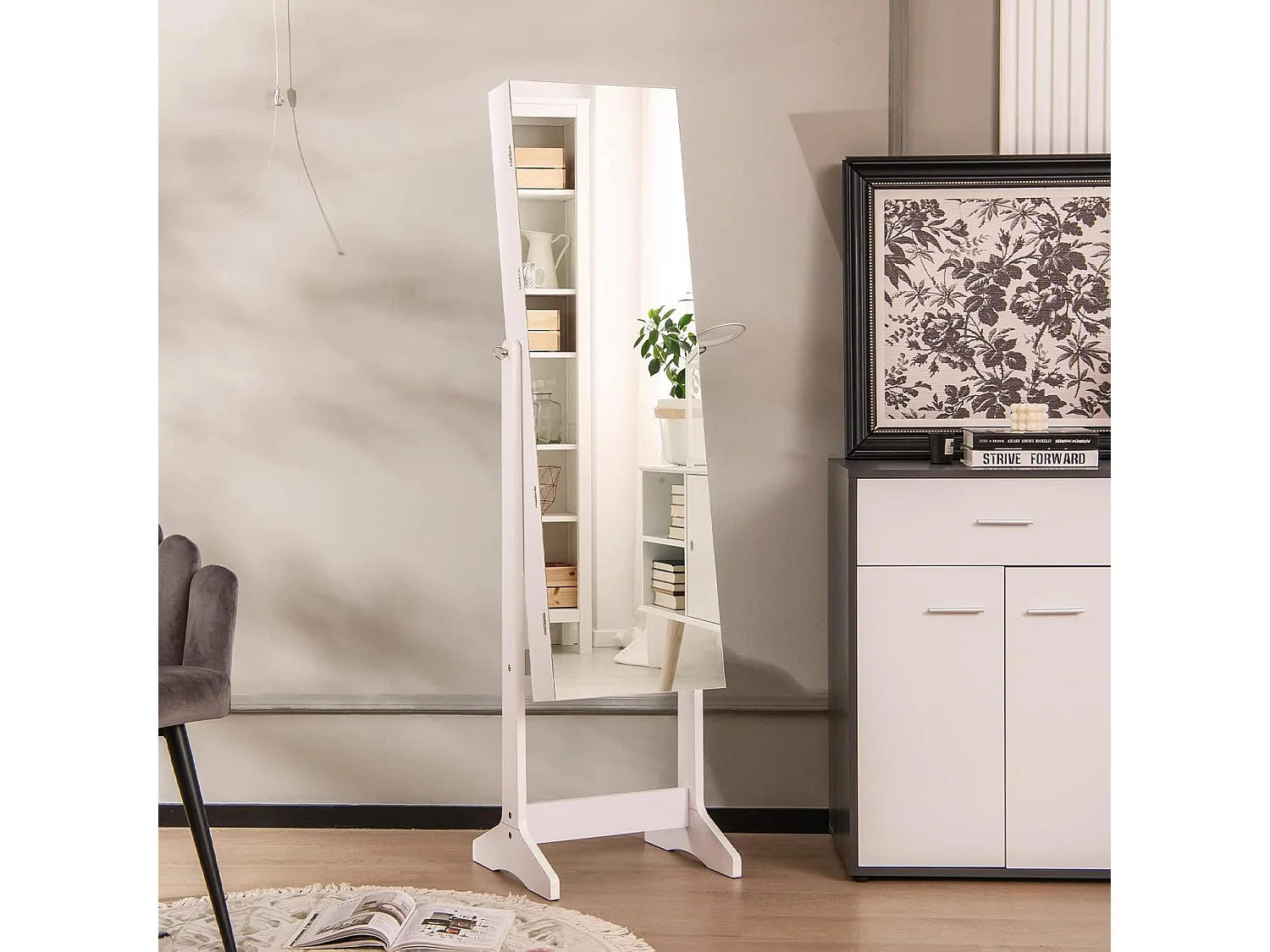 Staande sieradenkast, staande spiegel met 3-kleurige ledlampen, afsluitbare sieradenopslag met sieradenrek, legplankenVH33247