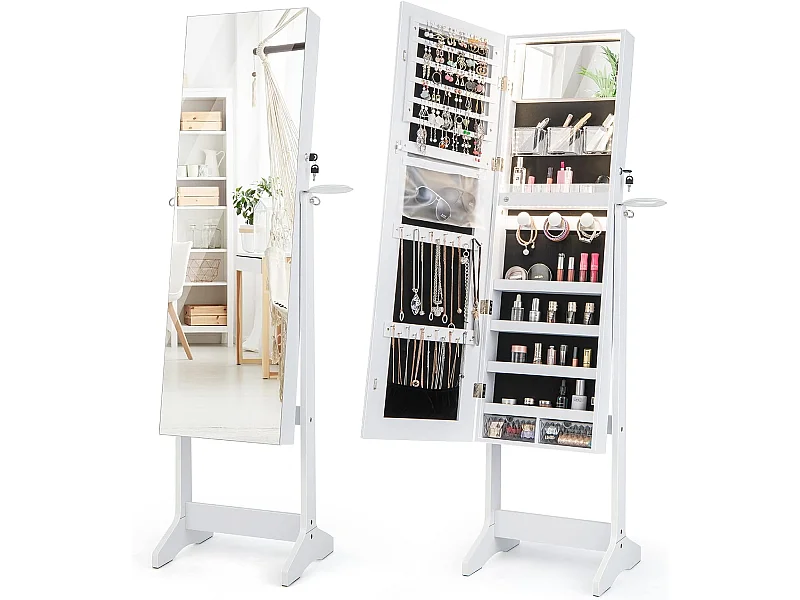 Staande sieradenkast, staande spiegel met 3-kleurige ledlampen, afsluitbare sieradenopslag met sieradenrek, legplankenVH33247