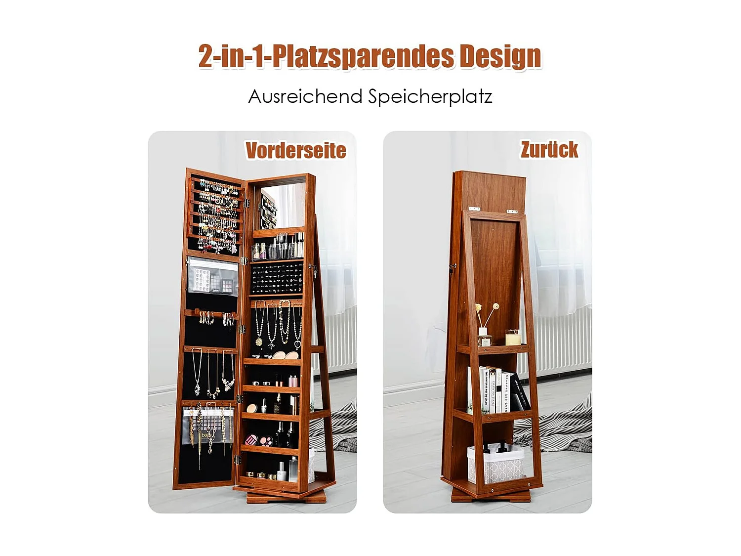 Sieradenkast, spiegelkast met passpiegel en ingebouwde make-up-spiegel, afsluitbaar,rechtopstaand,opbergruimte voor juwelen, juwelen-organizer met sleutelsTI86605