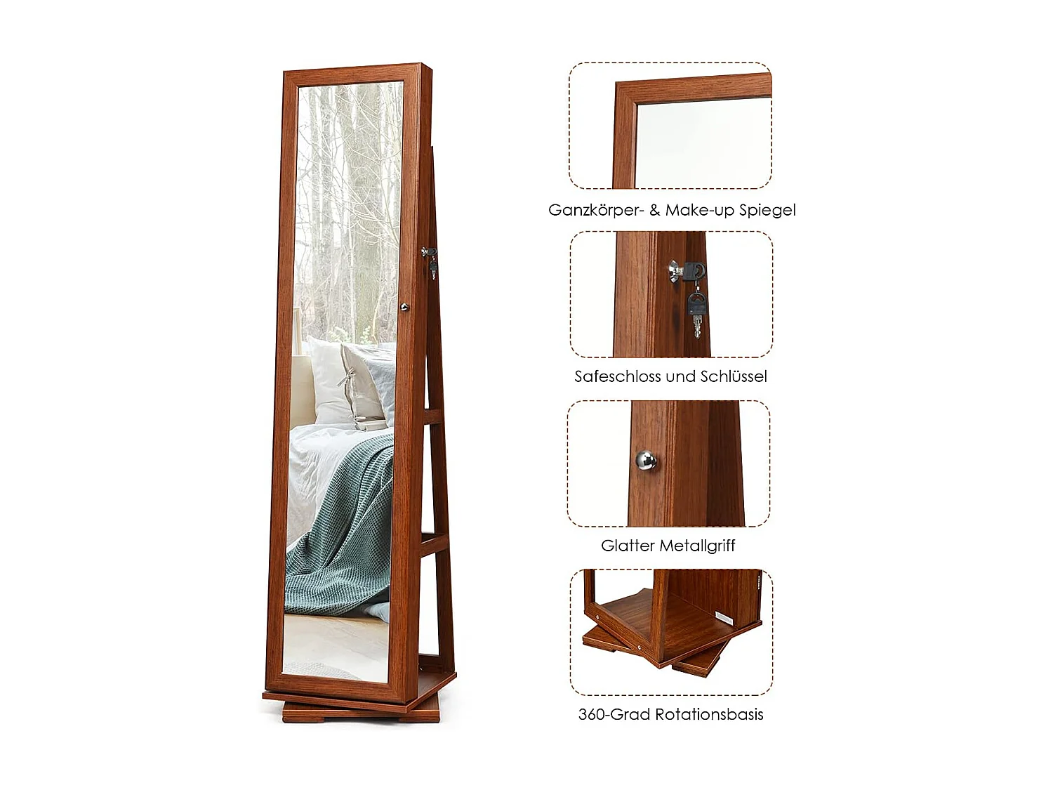 Sieradenkast, spiegelkast met passpiegel en ingebouwde make-up-spiegel, afsluitbaar,rechtopstaand,opbergruimte voor juwelen, juwelen-organizer met sleutelsTI86605