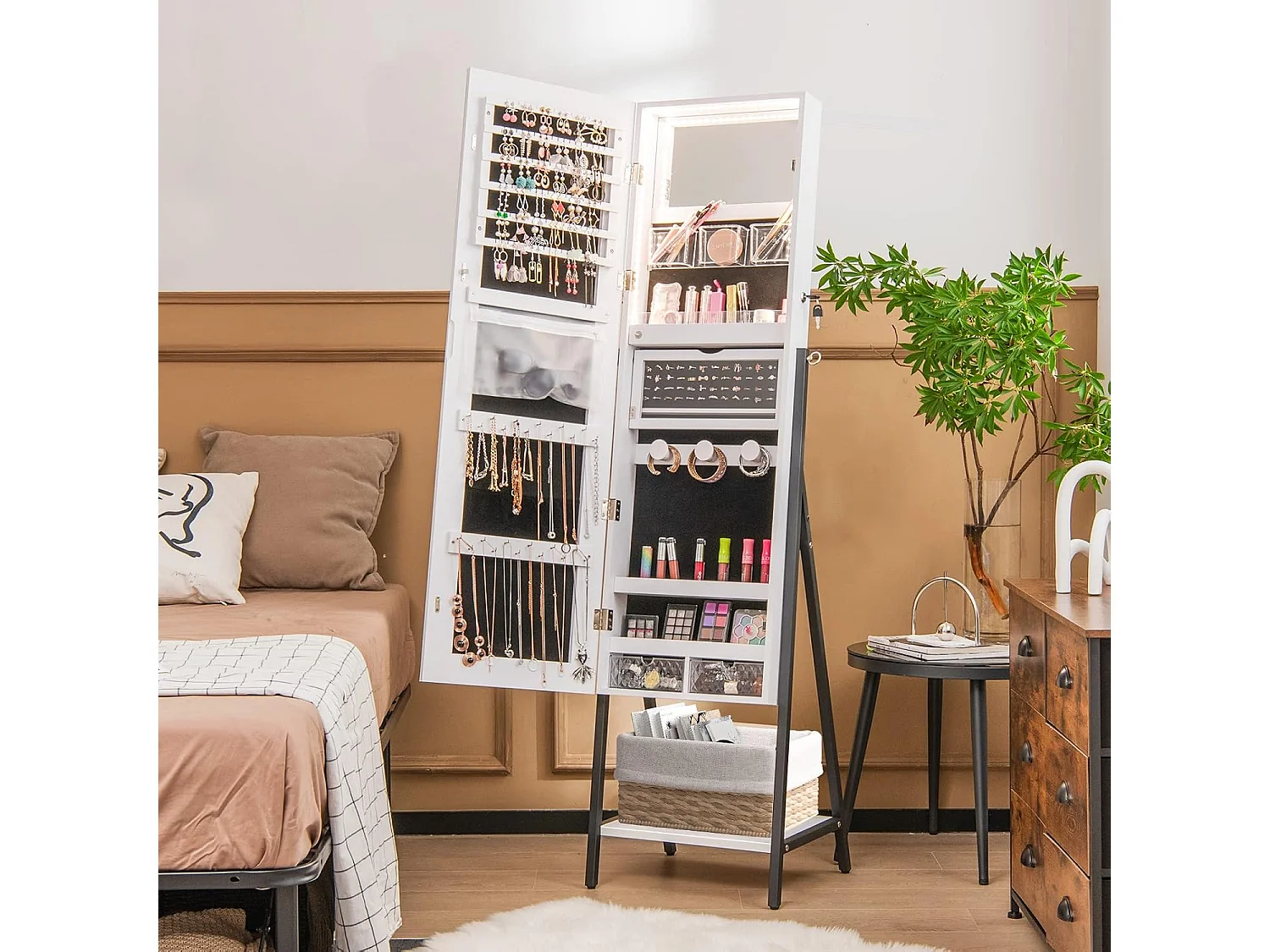 Sieradenkast met spiegel, sieradenspiegelkast met 3-kleurige ledverlichting, afsluitbaar, extra plank, 41,5 x 37 x 157 cm (wit)VH32654