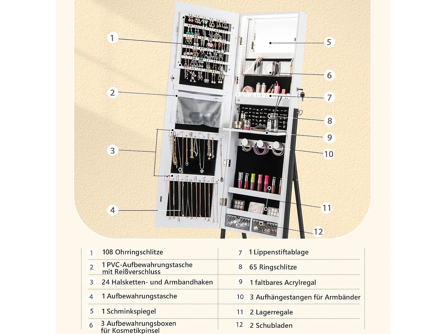 Sieradenkast met spiegel, sieradenspiegelkast met 3-kleurige ledverlichting, afsluitbaar, extra plank, 41,5 x 37 x 157 cm (wit)VH32654