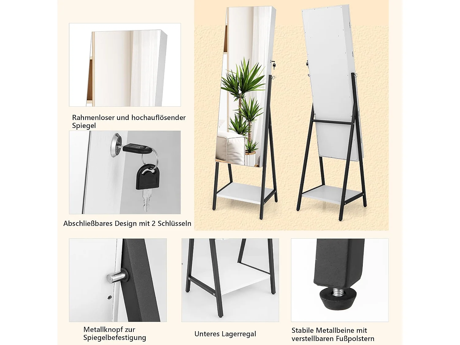 Sieradenkast met spiegel, sieradenspiegelkast met 3-kleurige ledverlichting, afsluitbaar, extra plank, 41,5 x 37 x 157 cm (wit)VH32654