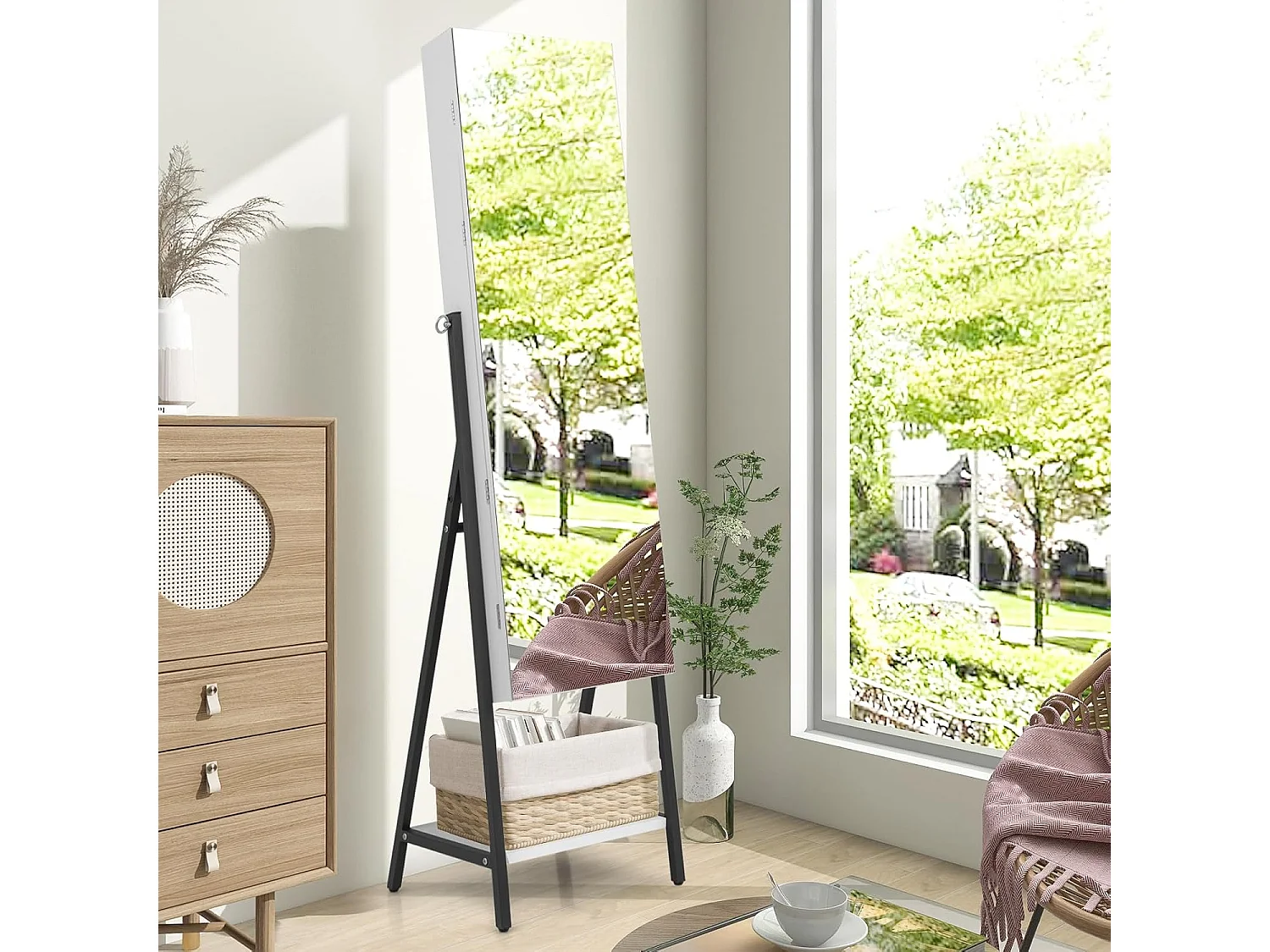 Sieradenkast met spiegel, sieradenspiegelkast met 3-kleurige ledverlichting, afsluitbaar, extra plank, 41,5 x 37 x 157 cm (wit)VH32654