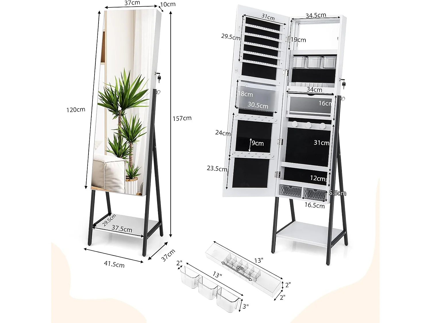 Sieradenkast met spiegel, sieradenspiegelkast met 3-kleurige ledverlichting, afsluitbaar, extra plank, 41,5 x 37 x 157 cm (wit)VH32654