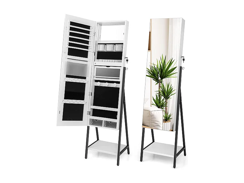 Sieradenkast met spiegel, sieradenspiegelkast met 3-kleurige ledverlichting, afsluitbaar, extra plank, 41,5 x 37 x 157 cm (wit)VH32654