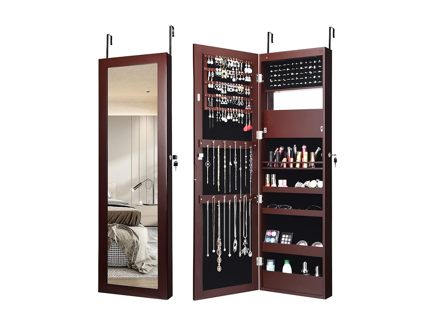 120 cm sieradenkast met full-body spiegel en ingebouwde make-upspiegel, sieradenspiegelkast voor ringen, kettinghaken en oorbellen (bruin)VH32042