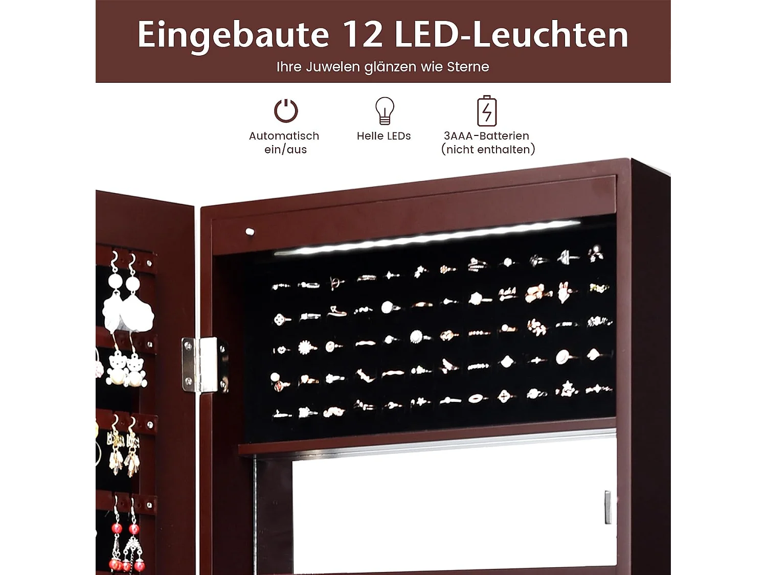 120 cm sieradenkast met full-body spiegel en ingebouwde make-upspiegel, sieradenspiegelkast voor ringen, kettinghaken en oorbellen (bruin)VH32042