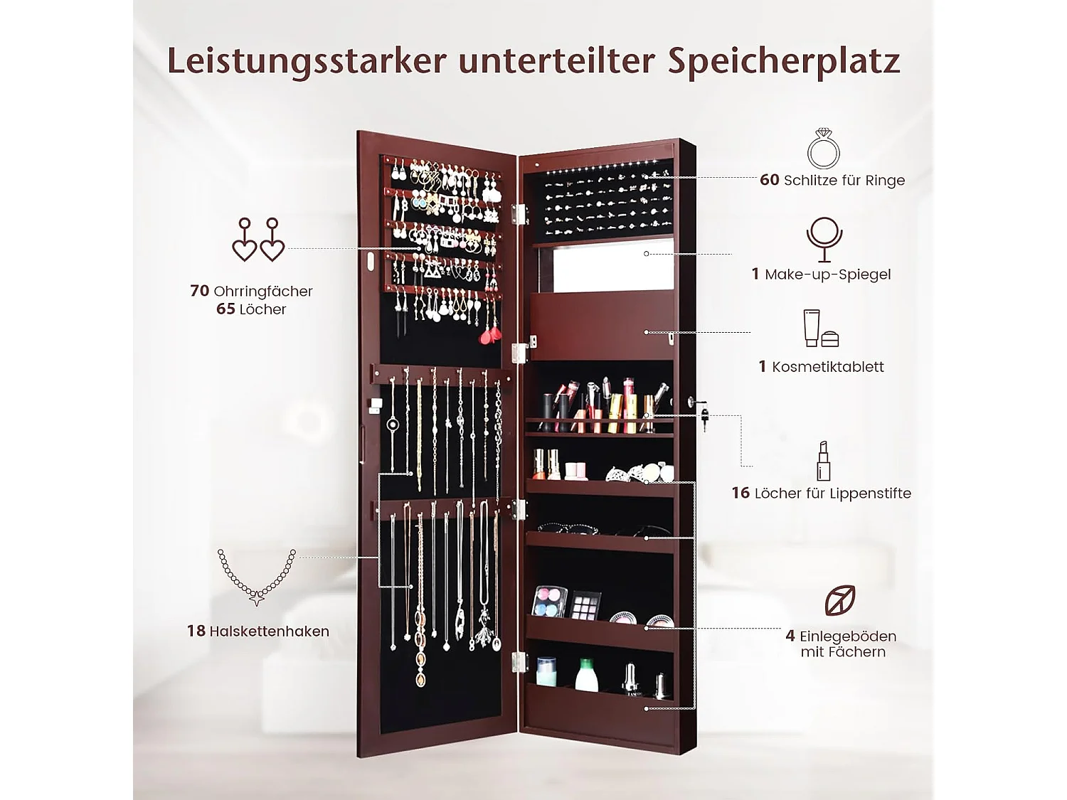 120 cm sieradenkast met full-body spiegel en ingebouwde make-upspiegel, sieradenspiegelkast voor ringen, kettinghaken en oorbellen (bruin)VH32042