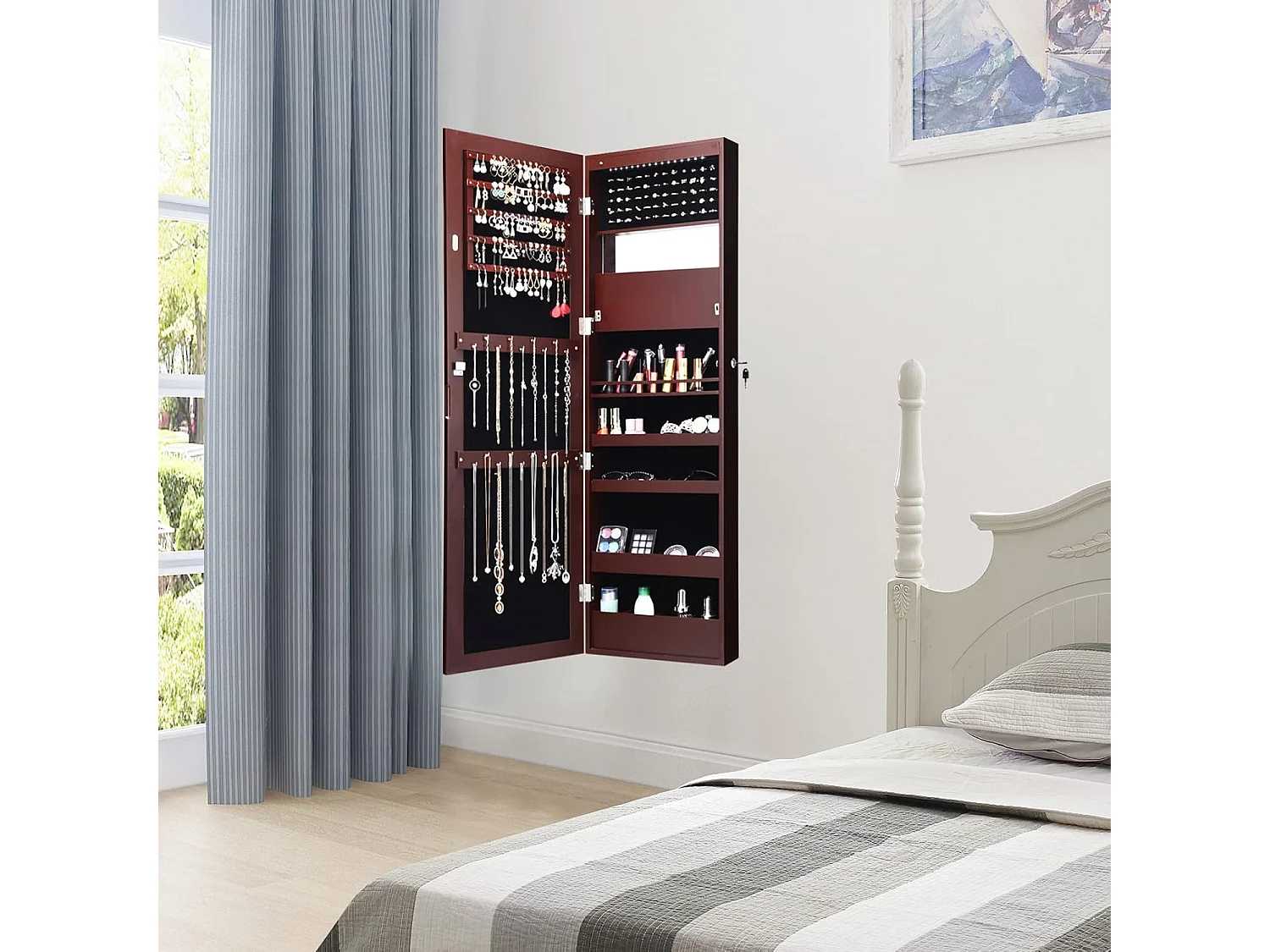 120 cm sieradenkast met full-body spiegel en ingebouwde make-upspiegel, sieradenspiegelkast voor ringen, kettinghaken en oorbellen (bruin)VH32042