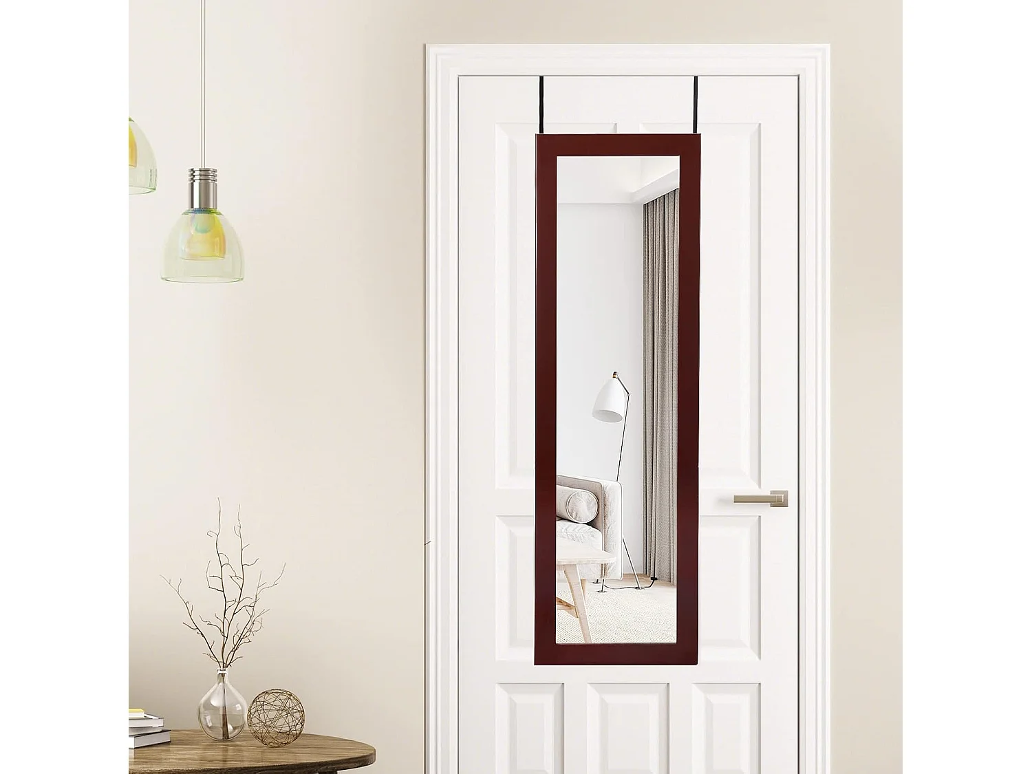 120 cm sieradenkast met full-body spiegel en ingebouwde make-upspiegel, sieradenspiegelkast voor ringen, kettinghaken en oorbellen (bruin)VH32042