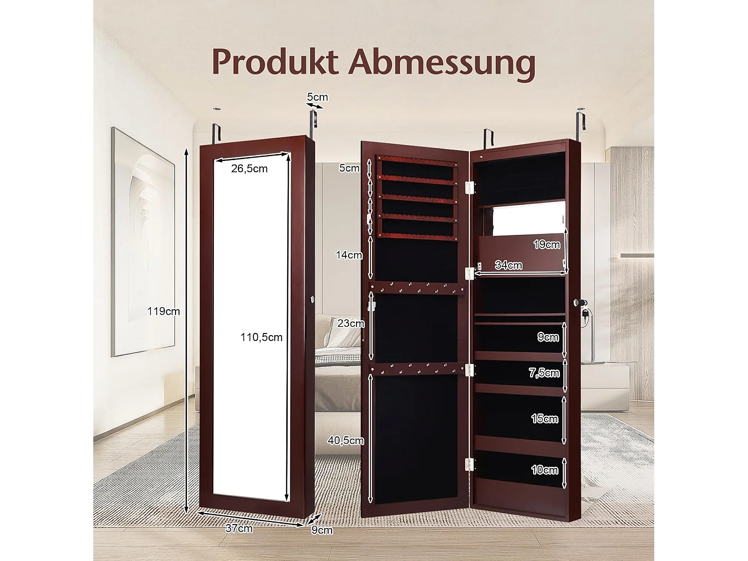 120 cm sieradenkast met full-body spiegel en ingebouwde make-upspiegel, sieradenspiegelkast voor ringen, kettinghaken en oorbellen (bruin)VH32042