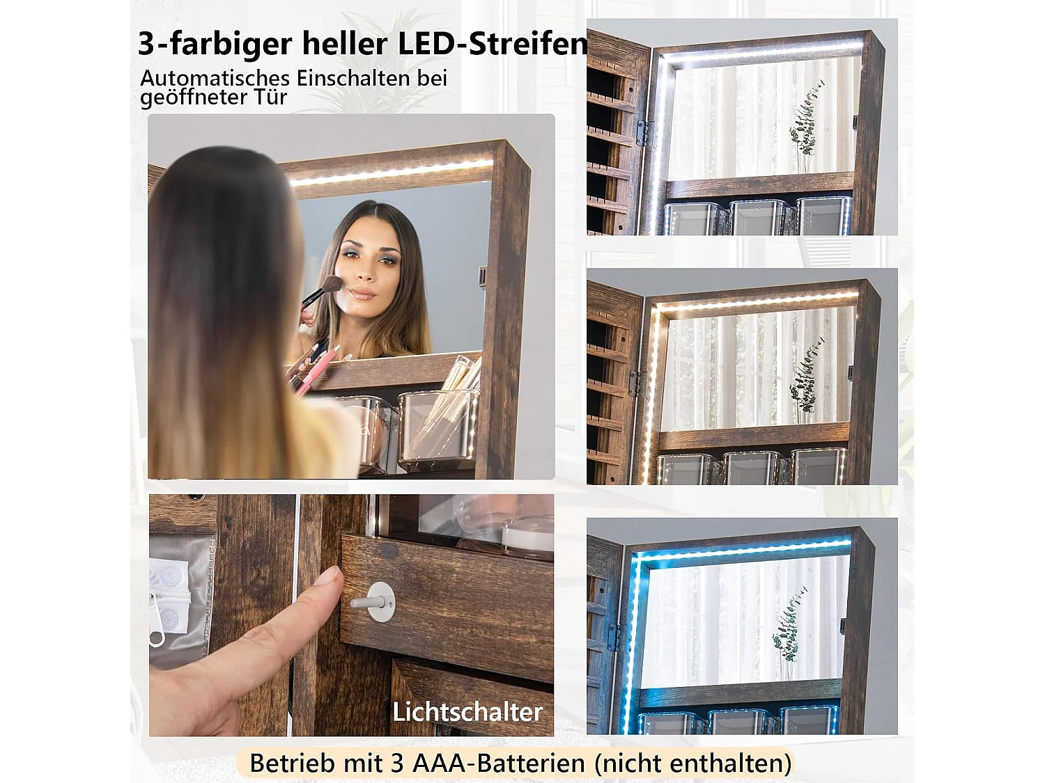Sieradenkast met spiegel, sieradenspiegelkast met 3-kleurige ledverlichting, afsluitbaar, extra plank, 41,5 x 37 x 157 cm (rustiek bruin)VH32654