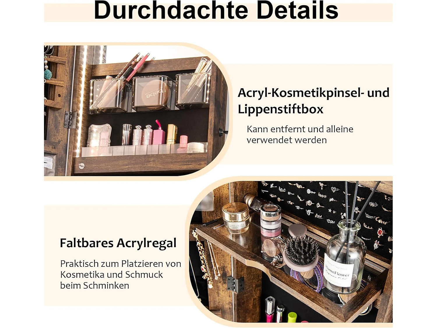 Sieradenkast met spiegel, sieradenspiegelkast met 3-kleurige ledverlichting, afsluitbaar, extra plank, 41,5 x 37 x 157 cm (rustiek bruin)VH32654