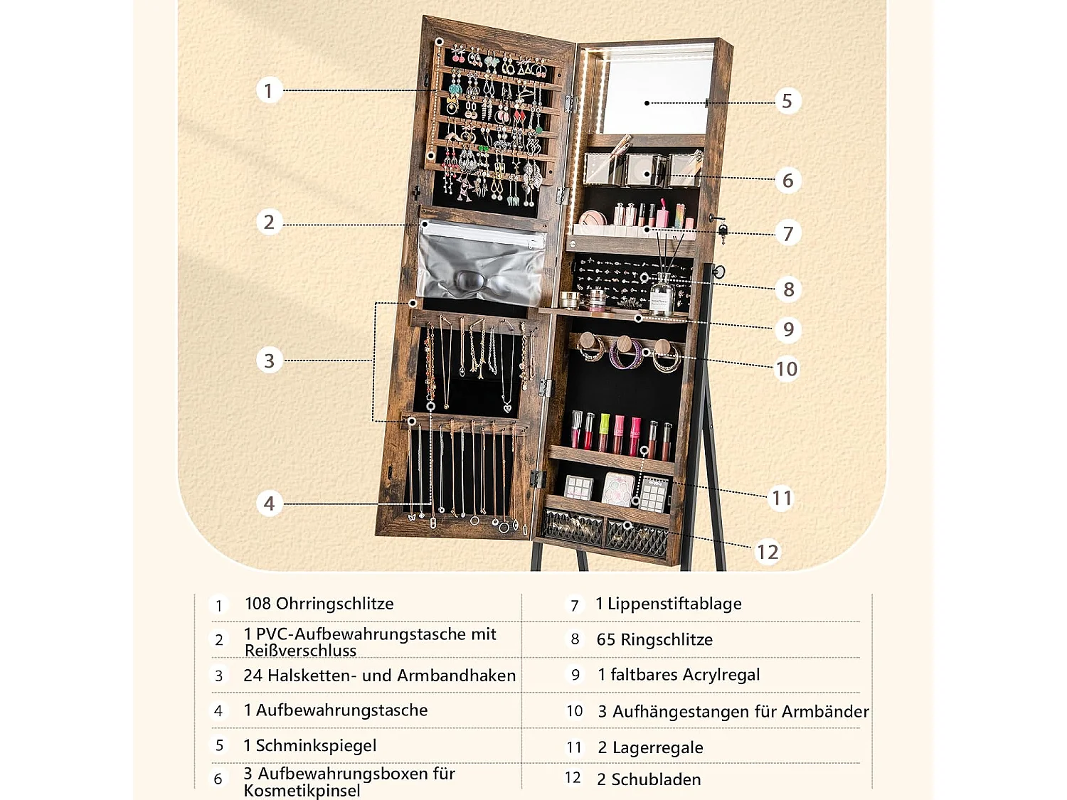 Sieradenkast met spiegel, sieradenspiegelkast met 3-kleurige ledverlichting, afsluitbaar, extra plank, 41,5 x 37 x 157 cm (rustiek bruin)VH32654
