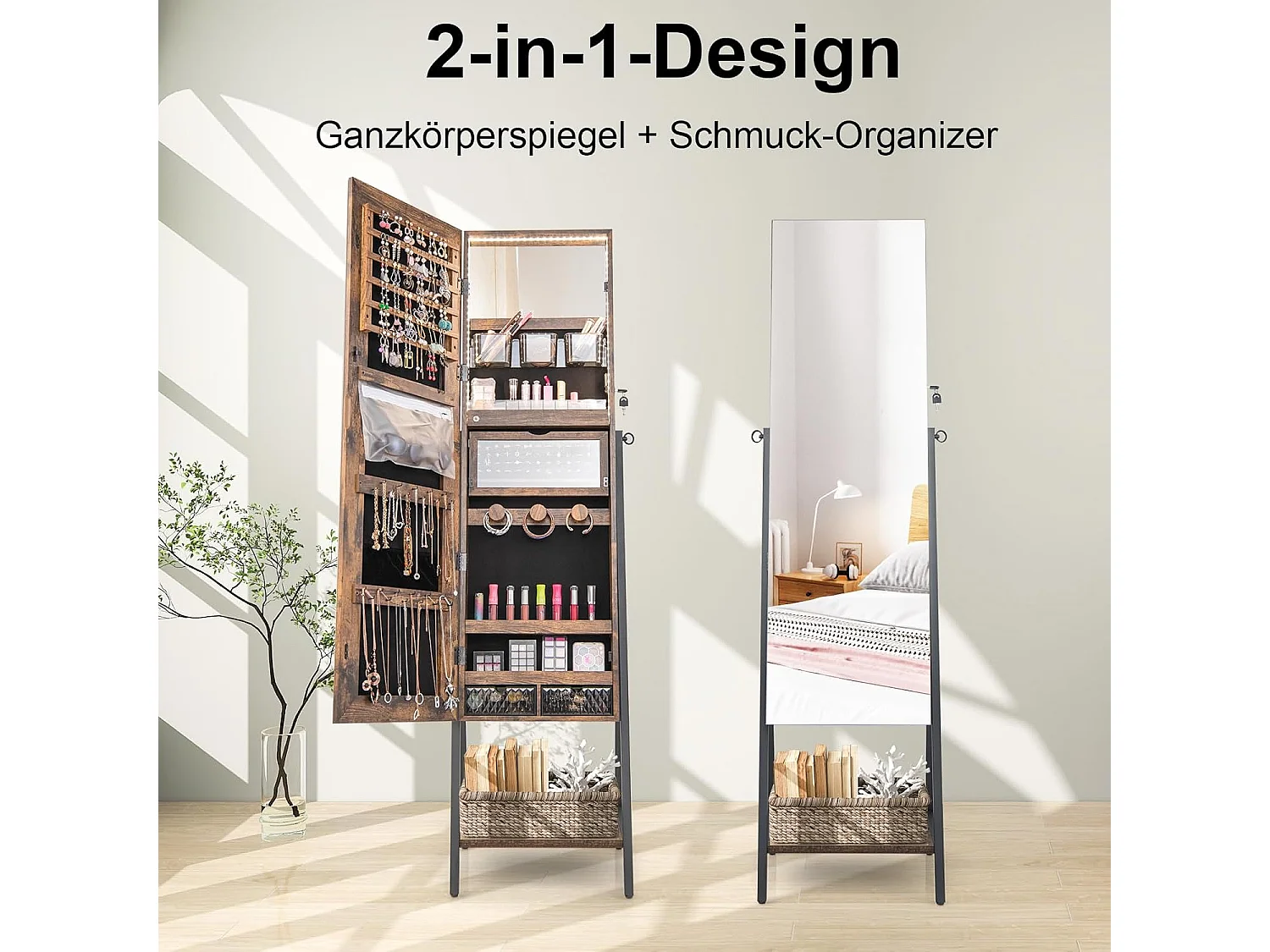 Sieradenkast met spiegel, sieradenspiegelkast met 3-kleurige ledverlichting, afsluitbaar, extra plank, 41,5 x 37 x 157 cm (rustiek bruin)VH32654