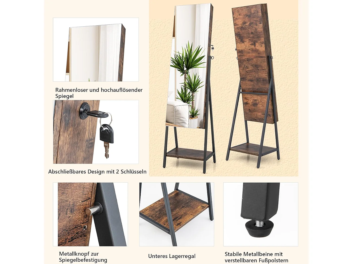 Sieradenkast met spiegel, sieradenspiegelkast met 3-kleurige ledverlichting, afsluitbaar, extra plank, 41,5 x 37 x 157 cm (rustiek bruin)VH32654