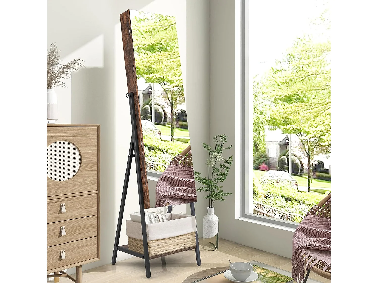 Sieradenkast met spiegel, sieradenspiegelkast met 3-kleurige ledverlichting, afsluitbaar, extra plank, 41,5 x 37 x 157 cm (rustiek bruin)VH32654