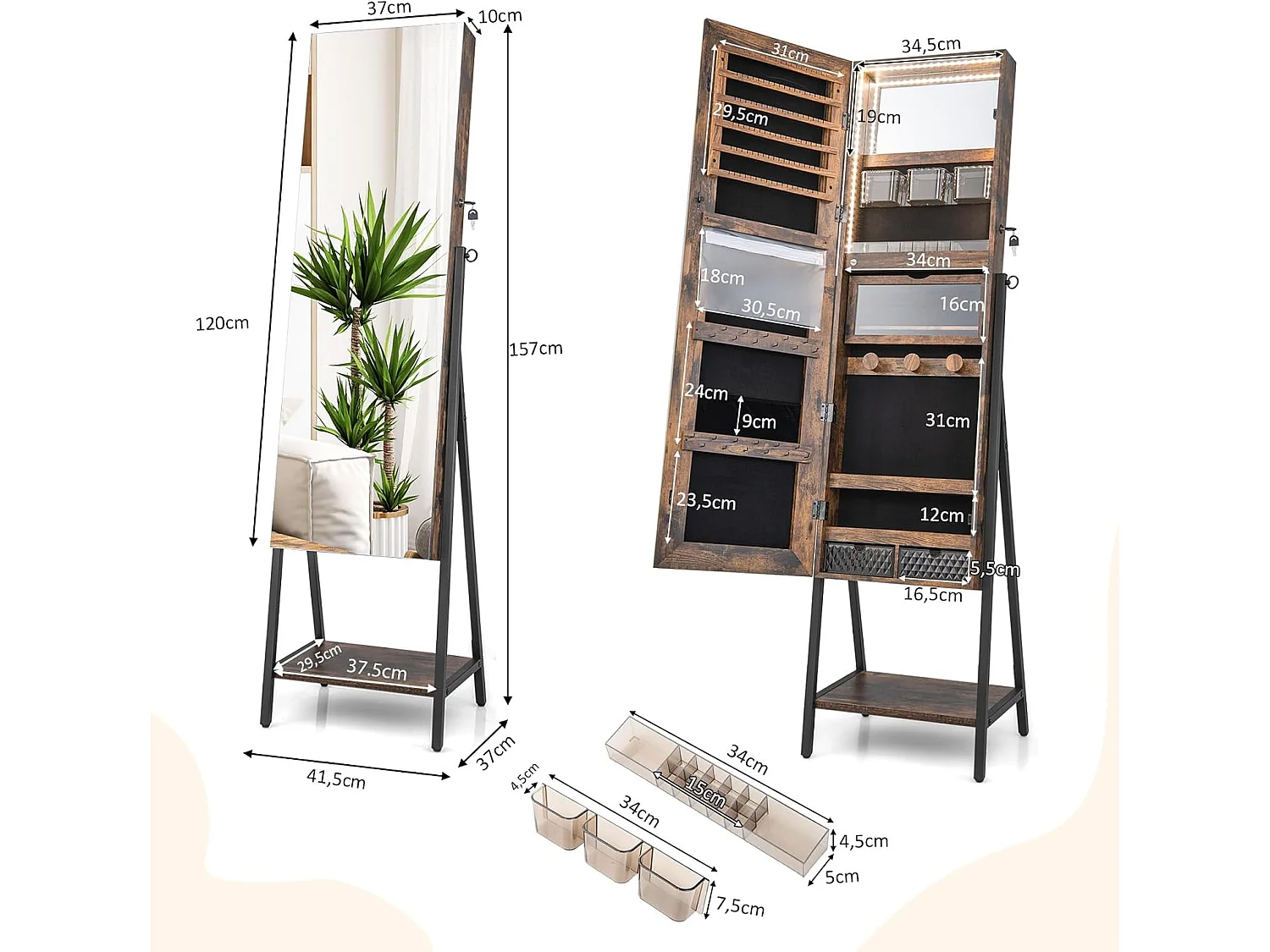 Sieradenkast met spiegel, sieradenspiegelkast met 3-kleurige ledverlichting, afsluitbaar, extra plank, 41,5 x 37 x 157 cm (rustiek bruin)VH32654