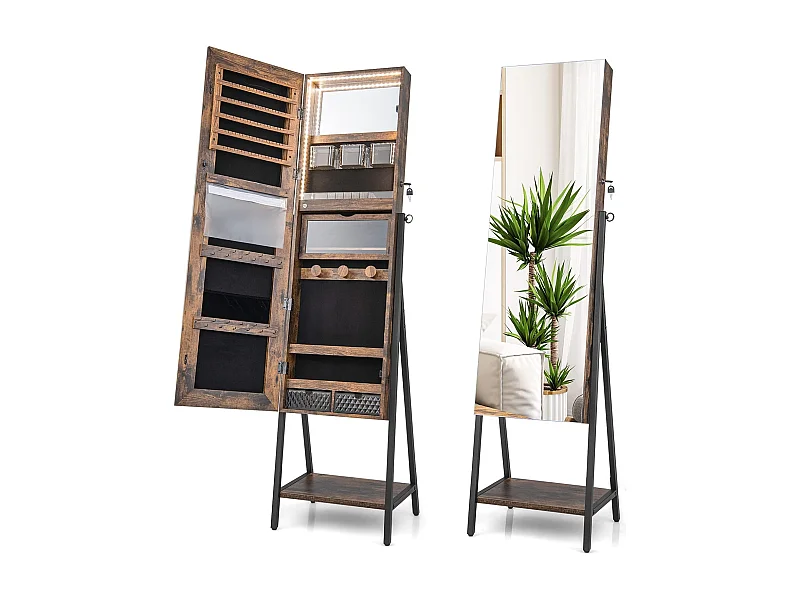 Sieradenkast met spiegel, sieradenspiegelkast met 3-kleurige ledverlichting, afsluitbaar, extra plank, 41,5 x 37 x 157 cm (rustiek bruin)VH32654