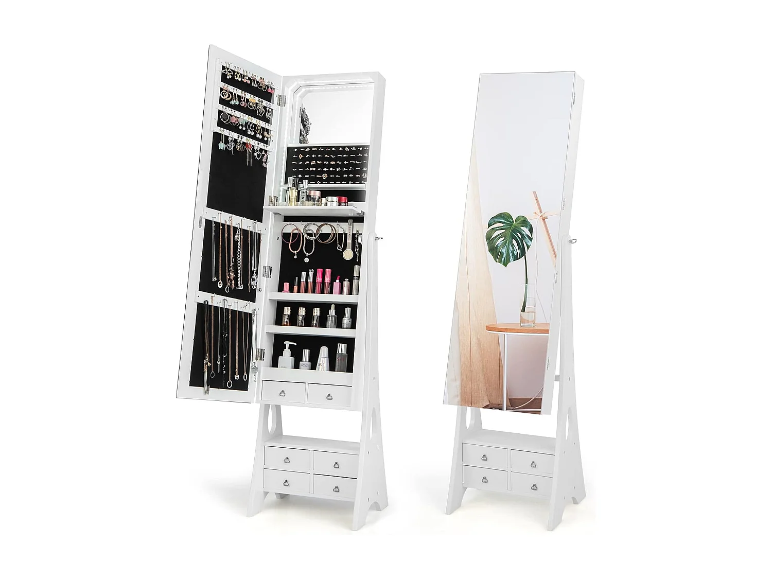 Sieradenkast met spiegel, met verlichting, sieradenspiegelkast met schuifladen en inklapbare plank, ideaal voor make-up (wit)VH32707