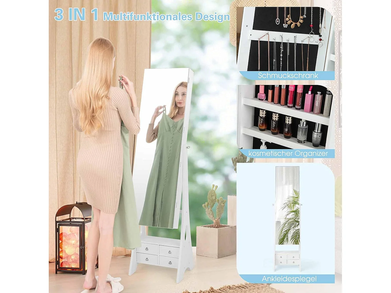 Sieradenkast met spiegel, met verlichting, sieradenspiegelkast met schuifladen en inklapbare plank, ideaal voor make-up (wit)VH32707