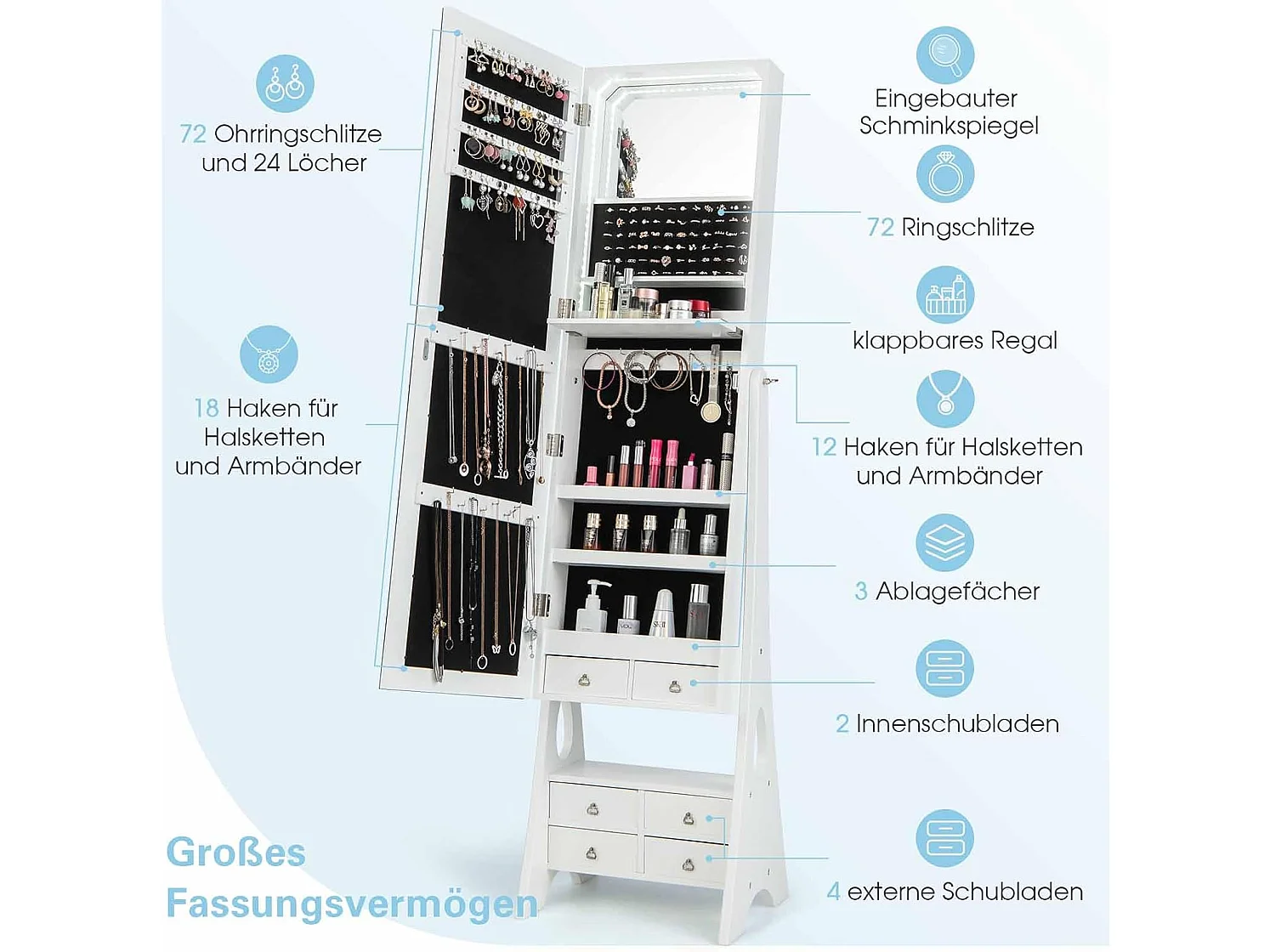 Sieradenkast met spiegel, met verlichting, sieradenspiegelkast met schuifladen en inklapbare plank, ideaal voor make-up (wit)VH32707