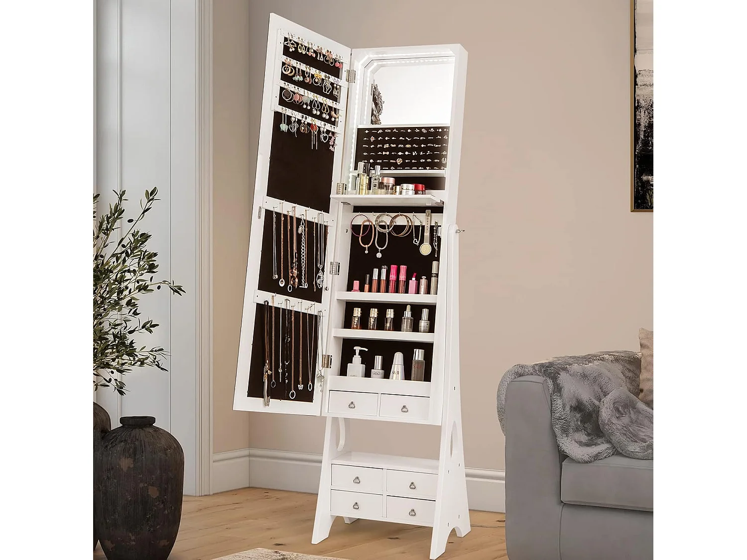 Sieradenkast met spiegel, met verlichting, sieradenspiegelkast met schuifladen en inklapbare plank, ideaal voor make-up (wit)VH32707