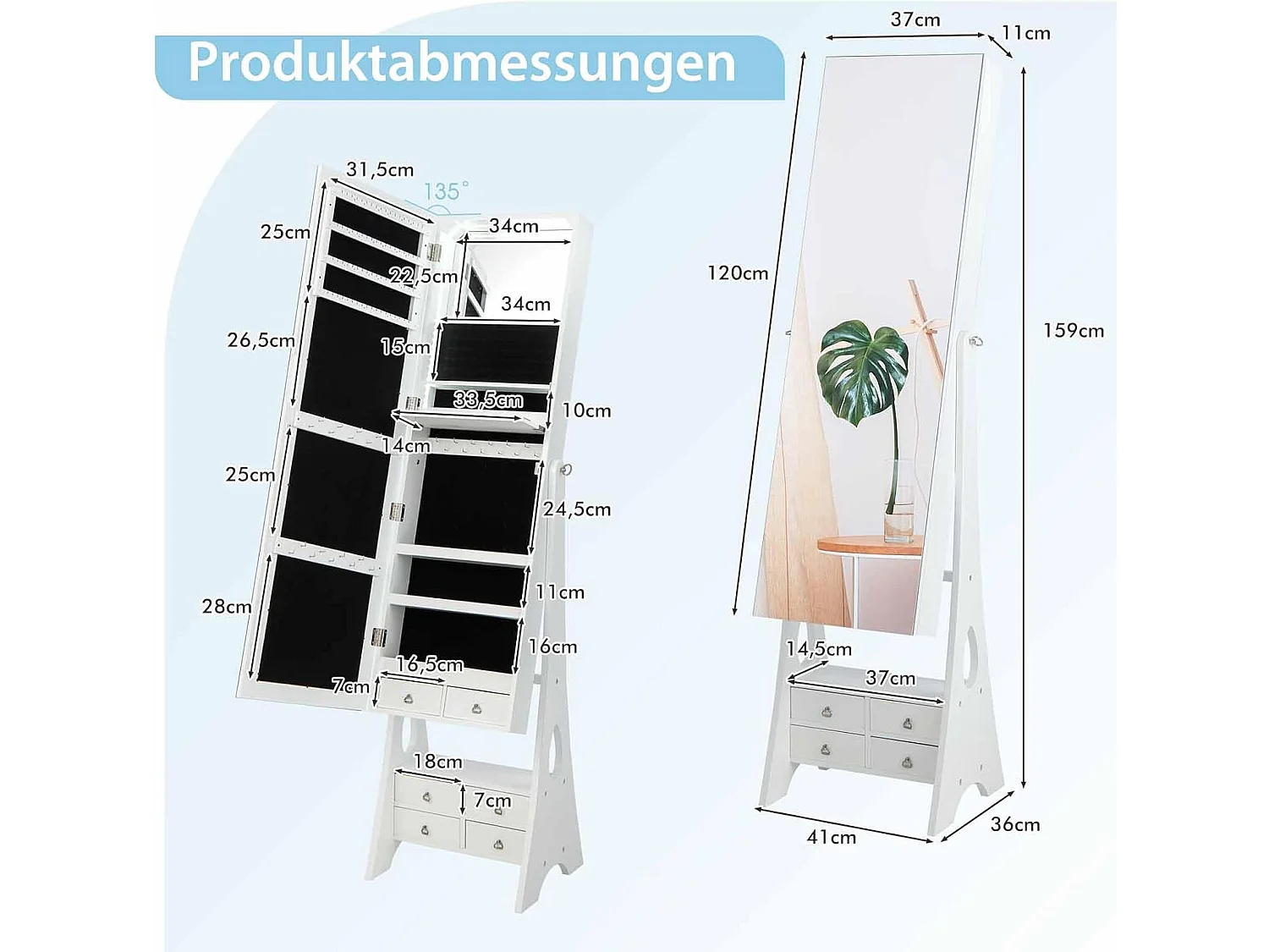 Sieradenkast met spiegel, met verlichting, sieradenspiegelkast met schuifladen en inklapbare plank, ideaal voor make-up (wit)VH32707